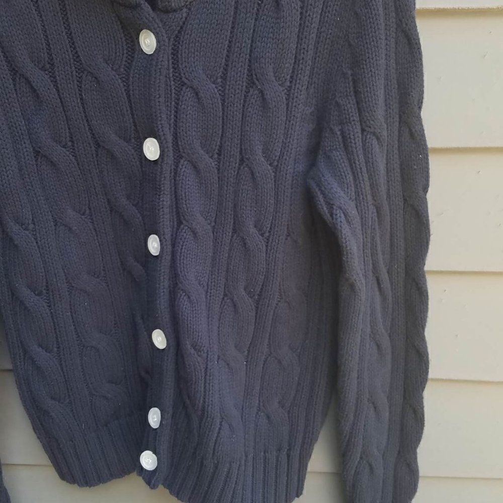 Chaps Navy Chunky Cable Knit Cardigan Sweater with White Buttons Size Large - Picture 8 of 9